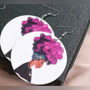 Pink Hair Afrocentric Wood Dangle Pierced Earrings